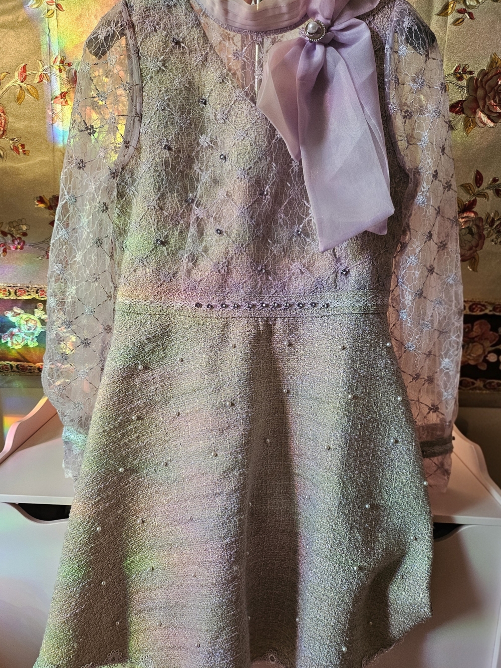 Lilac Bow Tweed & Lace Party Dress